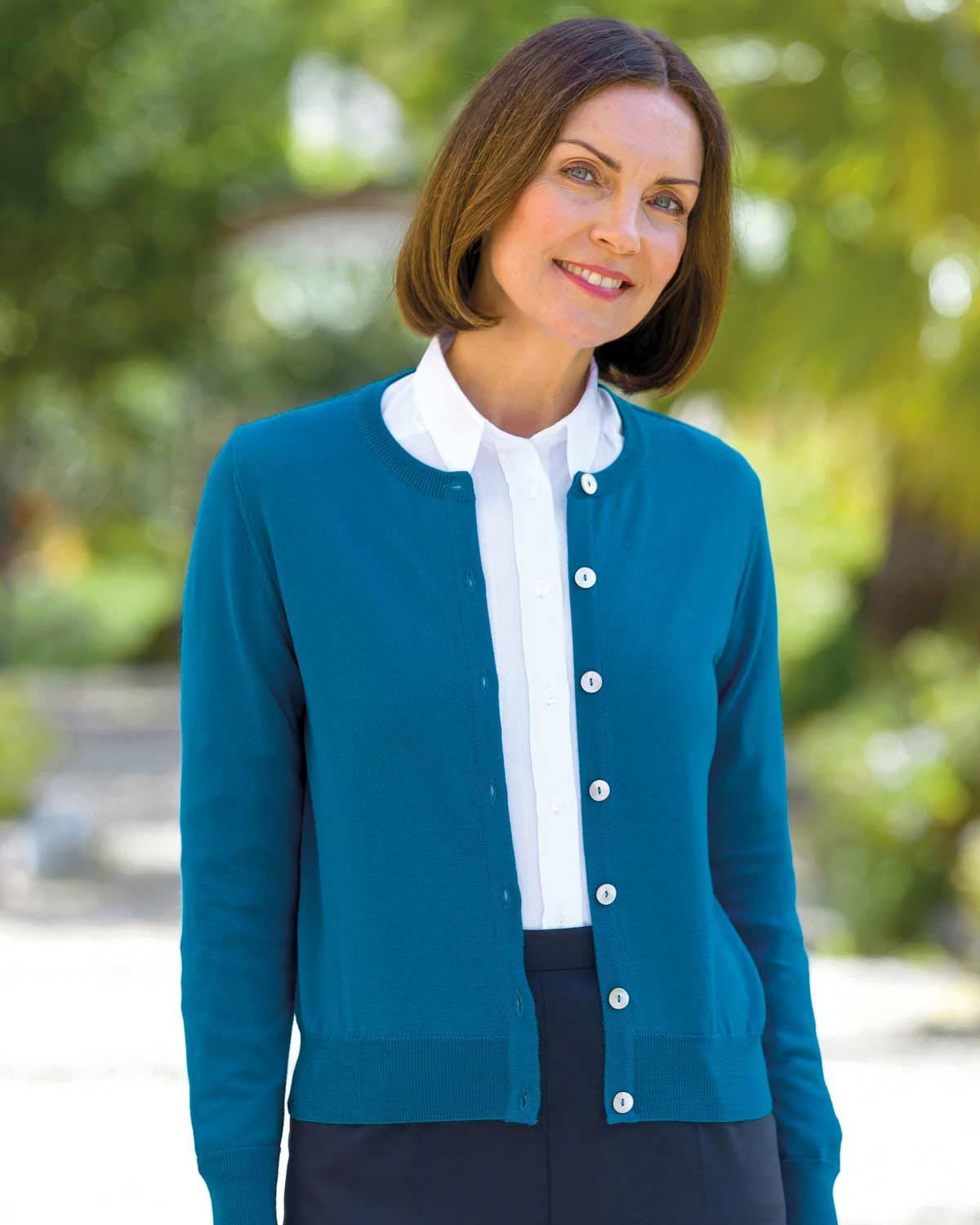 Ladies Merino Wool Short Cardigan Peacock James Meade